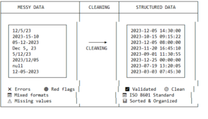 A diagram showing messy data (random formats) being cleaned into structured data